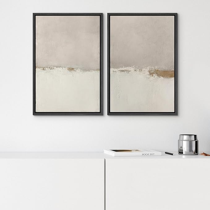 SIGNWIN Framed Canvas Print Wall Art Beige Gray Paint Strokes Abstract Grunge Landscape Prints Modern Art Minimalist Neutral Decor for Living Room, Bedroom, Office - 24"x36"x2 Black