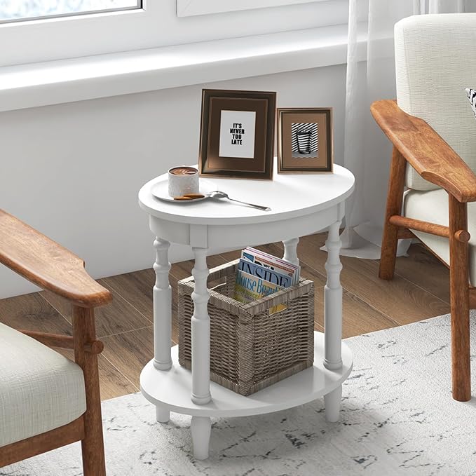 Giantex Oval End Table, 2-Tier Side Table with Storage Shelf & Solid Wood Legs, Modern Living Room Accent Table, Wood Nightstand for Bedroom, Small Space, 20.5" L x 15.5" D x 24.5" H, White