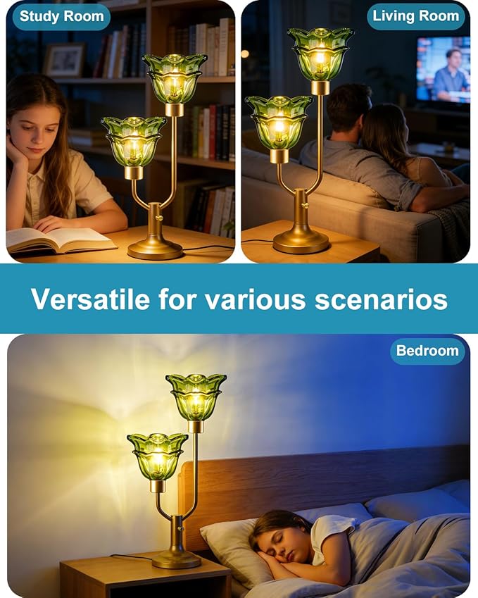 Lightdot Mid Century Modern Flower Table Lamp Gold Dimmable Green Glass Desk Lamps 2 Bulbs Included Bedside 3000K Warmwhite Nightstand Ambiance Lamp for Living Room Bedroom