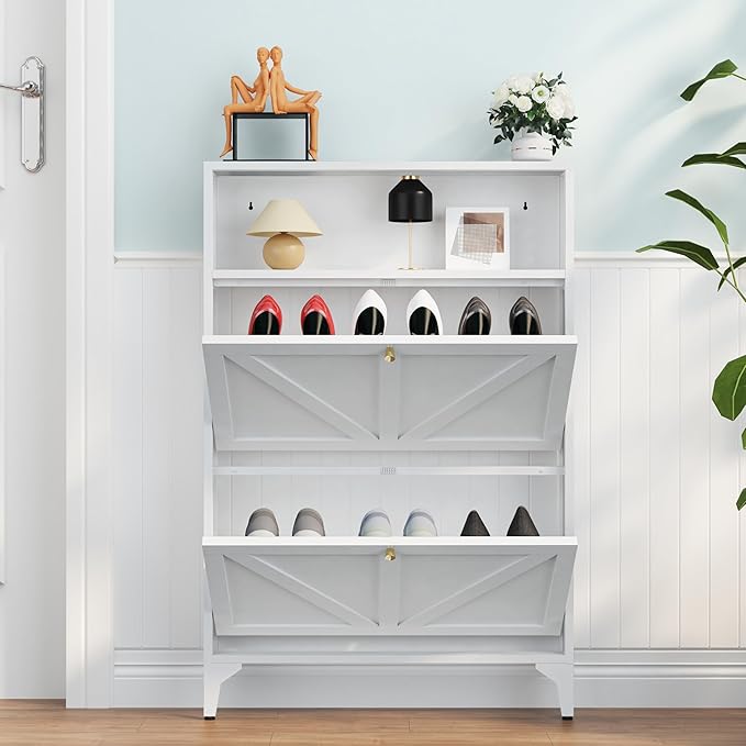 Shoe Cabinet with 2 Flip Drawers, Narrow Shoe Storage Cabinet, Farmhouse Shoe Organizer, Metal Freestanding Organizer with Legs for Entryway, Foyer (2 Door, White)