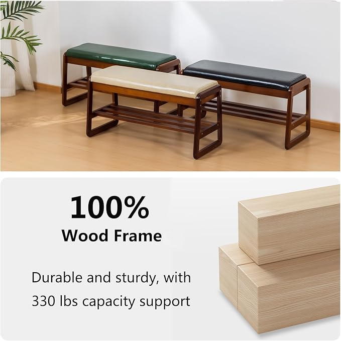 Shoe Bench with Storage - 2-Tier Entryway Bench, Solid Wood Shoe Rack with Cushion & Flip-Open Box, Mid-Century Modern for Hallway, Mudroom, Bedroom (Black, 31.5'')