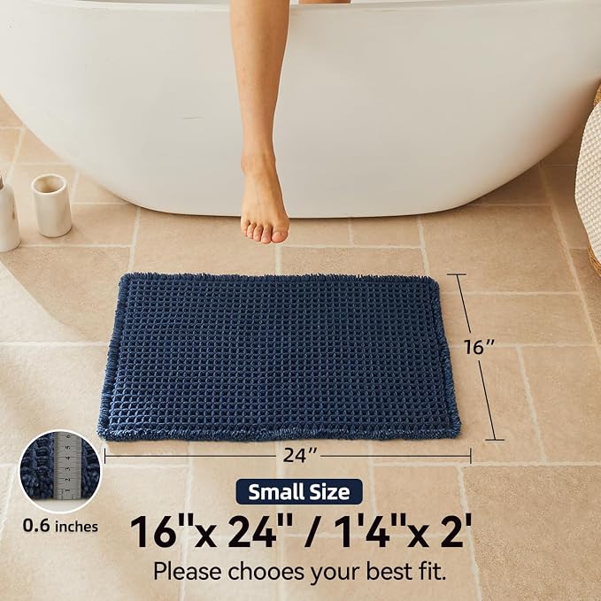 Triohero Waffle Bath Mat, Small Boho Bathroom Rugs Non Slip Washable, Ultra Soft Super Absorbent Quick Dry Farmhouse Bathroom Decor, 16" x 24", Navy Blue