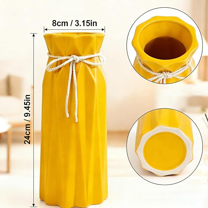 Disoza Ceramic Vase for Home Decor Yellow Modern Flower Vase for Pampas Grass Dried Flowers 9.5" H x 3.9" W Vases for Living Room Decorations Porcelain Tulip Vases for Table Kitchen Decor