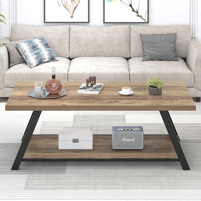 EXCEFUR Modern Coffee Table, Rectangle Center Table for Living Room with Storage Shelf, Industrial Wood and Metal Cocktail Tea Table, Rustic Oak, 47 Inch