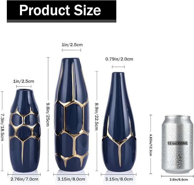 Ceramic Vase Set of 3, Modern Vases for Home Decor, Blue and Gold Color Suitable for Living Room, Kitchen, Bedroom, Bathroom, entryway Mantelpiece, Living Room TV Stand Decoration.