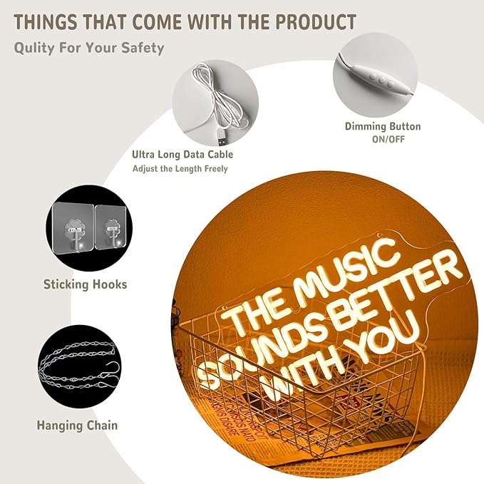 "The Music Sounds Better With You" Neon Sign for Wall Decor White Letter LED Sign for Bedroom Music Studio Record Shop Decoration