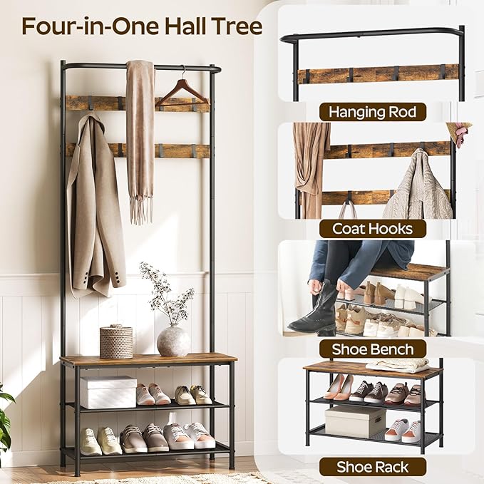 YATINEY Hall Tree, Coat Rack with Shoe Bench, 4-in-1 Entryway Bench with Storage Shelves, Hanging Rod and 8 Movable Hooks, Hall Tree with Storage Bench for Hallway, Rustic Brown and Black MT02BR