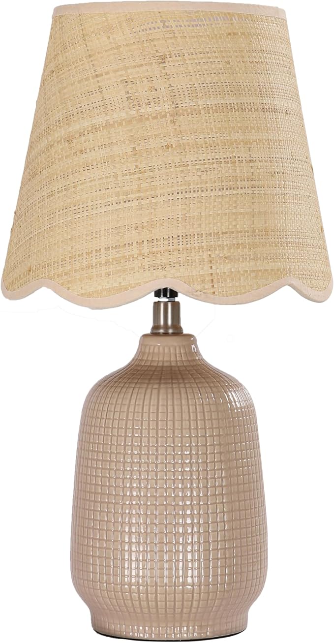Pia Ricco 19" Modern Ceramic Table Lamp for Living Room Gray Camel Base Desk Lamps for Bedroom Farmhouse Bedside Nightstand Lamp End Table Lamps,Pink,Rattan Shade