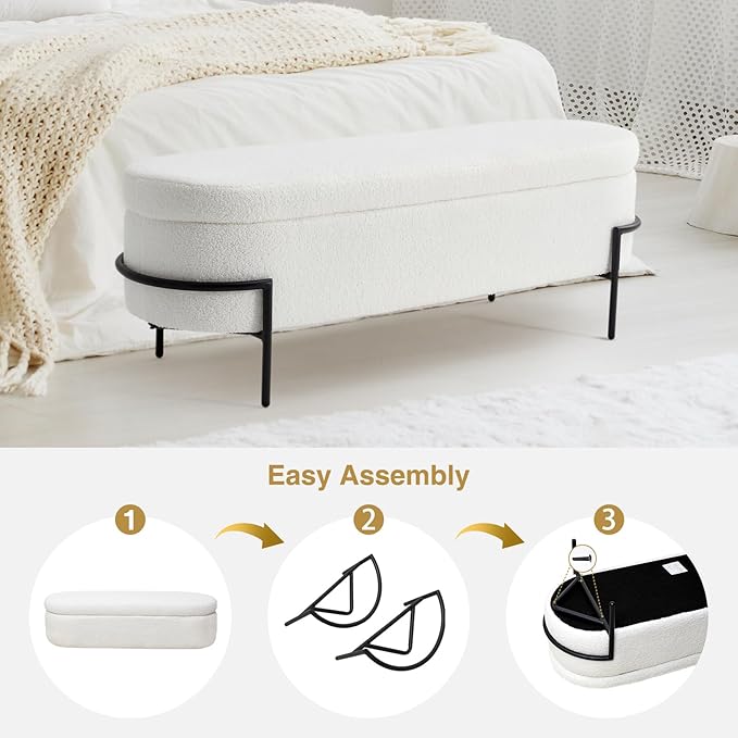FiveWillowise Sherpa Storage Ottoman Bench for Bedroom, White End of Bed Bench with Storage, Upholstered Boucle Storage Bench with Metal Stand and Hinges, Oval Ottoman for Living Room, 45 Inch