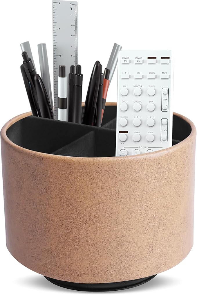 Round Leather Art Supply Organizer,Remote Control Holder,360 Degree Spinning,Multi-Functional Pencil Holder,4 Compartments Desktop Stationary Organizer(1-Oil Yellow)