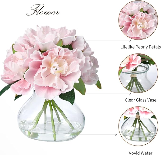 Pink Peony Bouquet in Glass Vase - 6 Piece Artificial Flower Arrangement with Faux Water for Wedding & Home Centerpieces