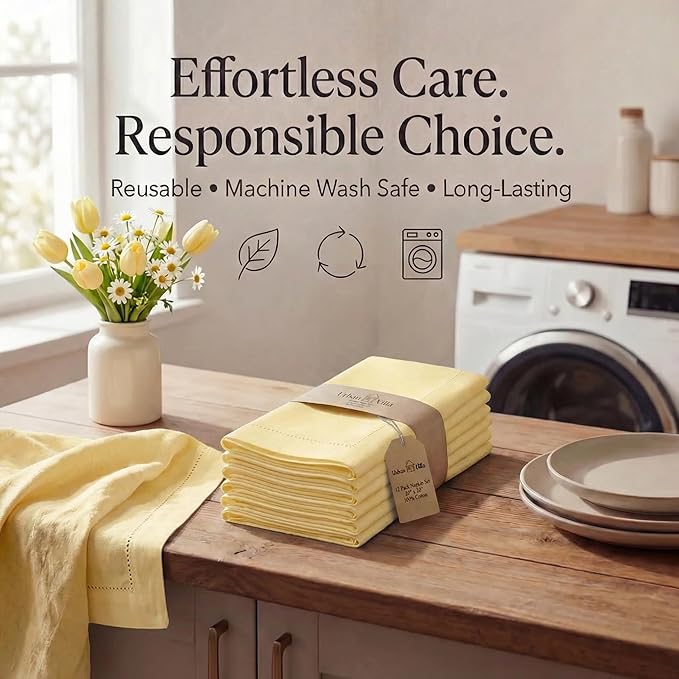 Urban Villa Cloth Napkins 100% Cotton Highly Absorbent Washable Reusable Premium Dinner Napkins Ideal for Gifts for Mothers Day Hotel Farmhouse Parties - Yellow - Hemstitch (20" x 20", Set of 12)