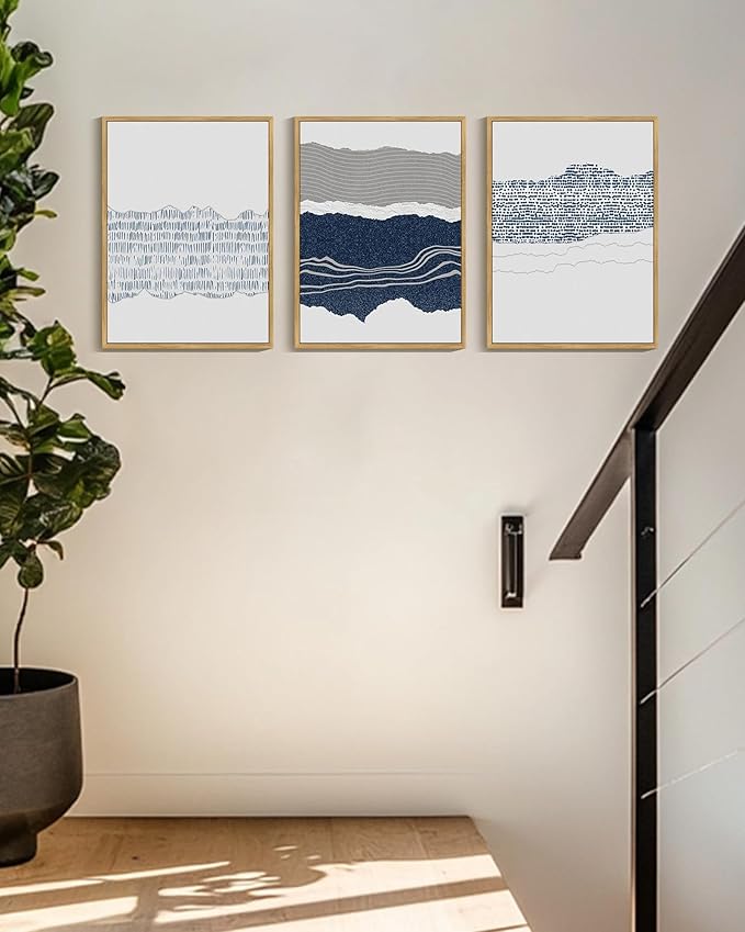 PHOPAGO Navy Blue Abstract Framed Wall Art Mid Century Minimalist Boho Wall Decor Modern Neutral Farmhouse Rustic Art Bedroom Living Decor - 11x14in Natural Framed