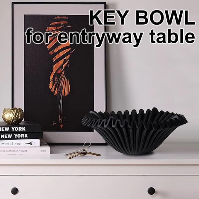LALASTAR Large Decorative Bowl, Fruit Bowl for Kitchen Counter, Modern Home Decor, Key Bowl for Entry Table, Coffee Table Decor, Minimalist Ruffle Centerpiece Decor, 10", Black