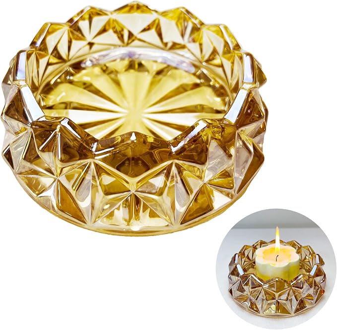 Diamond Glass Candle Holder, Clear Glass Candle Dish for Home Decor, Decorative Modern Candle Tray for Small Candles & Diffusers (Amber)
