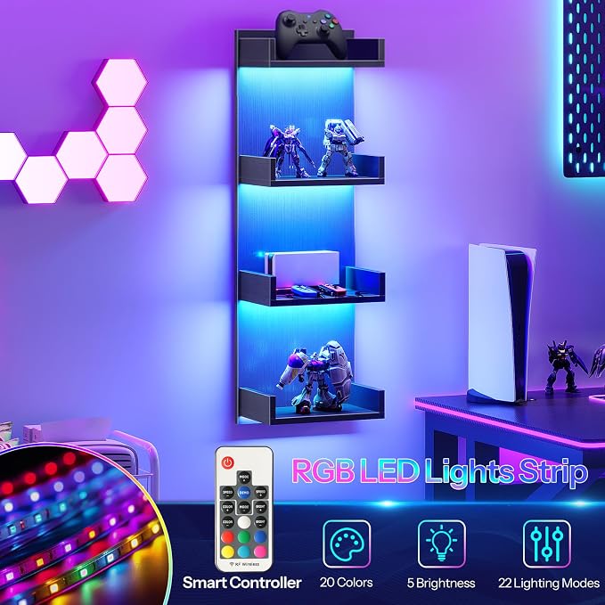 HOOBRO Floating Wall Shelves with LED Lights, Floating Shelf Wall Mounted for Storage, Vertical Display Stand, Modern Column Rack, for Bedroom, Livingroom, 4-Tier, 35.8 Inches, Black, BK41DBJ01