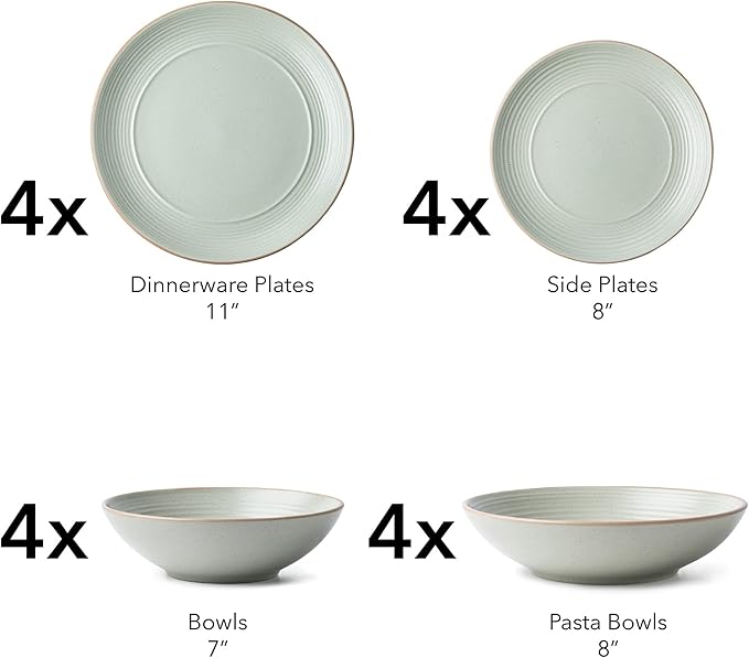 ARORA RINGAR Round Stoneware 16pc Double Bowl Dinnerware Set for 4, Dinner Plates, Side Plates, Cereal Bowls, Pasta Bowls - Speckle Matte White (405878)