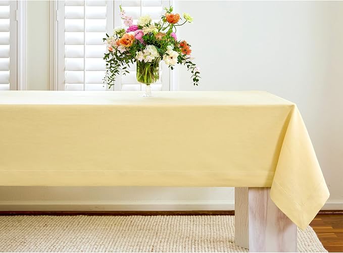 Solino Home Linen Tablecloth 52 x 52 Inch - 100% Pure Linen Golden Straw Square Tablecloth - Fete, Machine Washable Table Throw for Summer