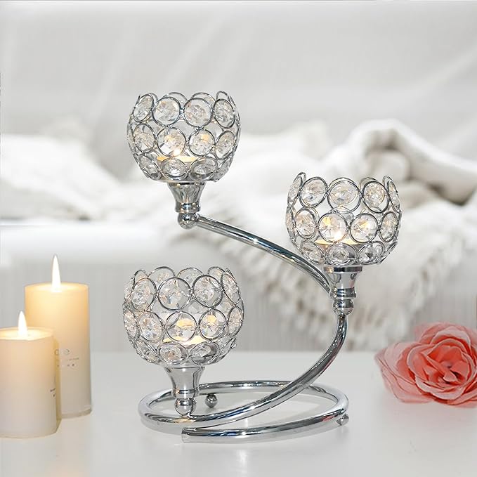 Metal Crystal Candle Holder Set of 3 - Elegant 5-Arm Metal Tea Light Centerpiece with Shining Crystal Bowl, Wedding Anniversary Table Decor for Dining, Party (Silver, 6 Pcs 3 Arm)