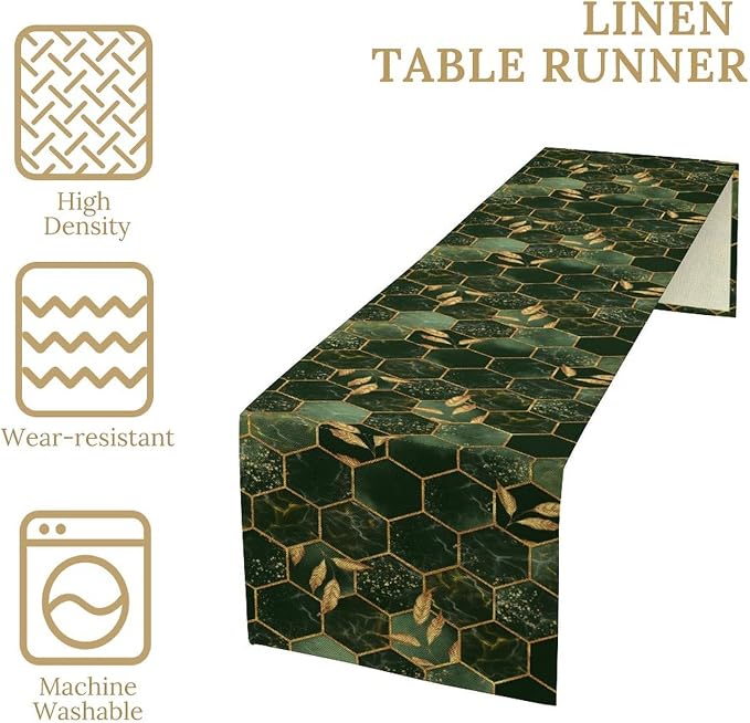 Marble Table Runner,Green Golden Marble Texture Abstract Art Pattern Table Runner for Coffee Table Dining Room Table Bedroom Party Holiday Decor 13x90inch