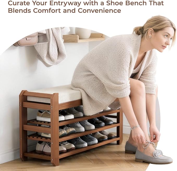 27.6" Bamboo Shoe Bench with Cushion, 3-Tier Adjustable Storage Bench for Entryway, Heavy Duty Shoe Rack Organizer with Removable Soft Cushion for Living Room Bedroom Hallway