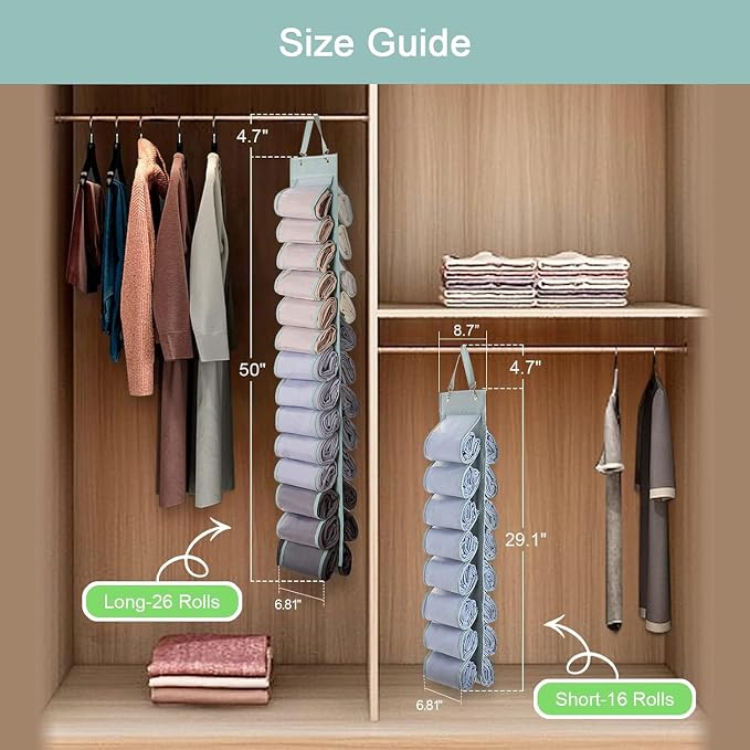 DHSFKBE Legging Organizer Storage, T-Shirt Hanging Closet Hanging Clothes Organizer with 26 Roll Compartments for Yoga Pants, Tank Top, Towel, Underwear, Shirt (Grey)