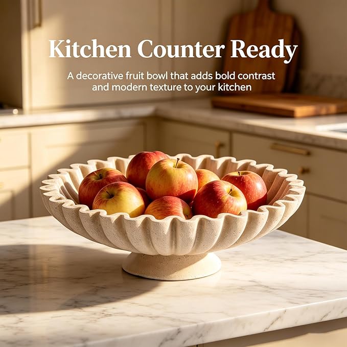 Large Resin Pedestal Decorative Bowl -9.5in Beige Decorative Fruit Bowl for Kitchen Counter, Matte Beige Bowls, Modern Decorative Centerpiece Bowl for Home Decor, Table Decor, Entryway Key