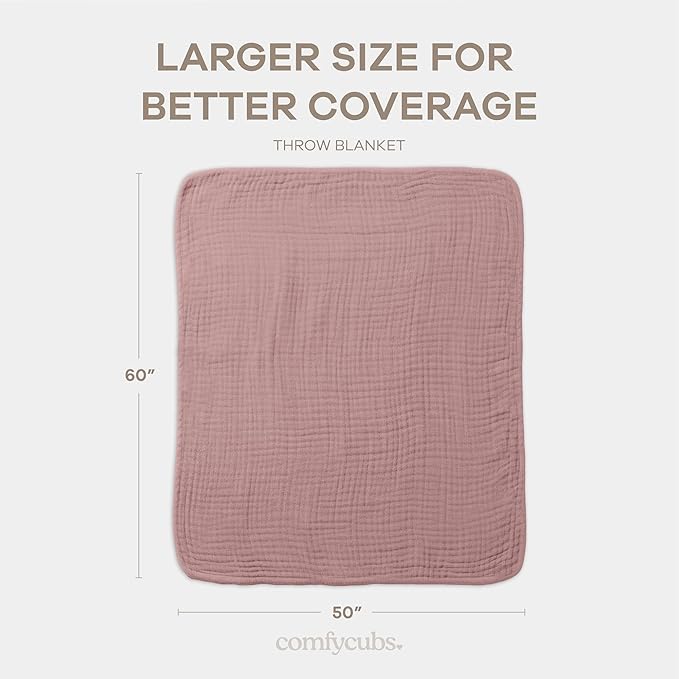 Comfy Cubs Muslin Throw Blanket - 50” x 60” Quilted Design - Lightweight, Breathable 6-Layer Gauze Fabric - Soft Cotton Blanket for Home or Travel - Packaged in Elegant Gift Box - Mauve