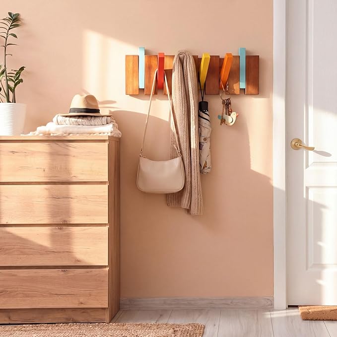Youyole Mid Century Modern Wooden Coat Hooks Wall Mounted Folding Coat Rack Hanger with 6 Hooks Heavy Duty Flip Down Piano Hat Rack for Hanging Coats Hats Home, 17.7 x 5.3''