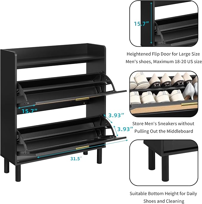 Finnhomy Extended Shoe Cabinet with Natural Rattan Flip Drawers for Entryway, Free Standing 2 Tier Slim Shoe Organizer with Large Top Board, Shoe Cabinet with 3-Gear Adjustable Width Drawers, Black