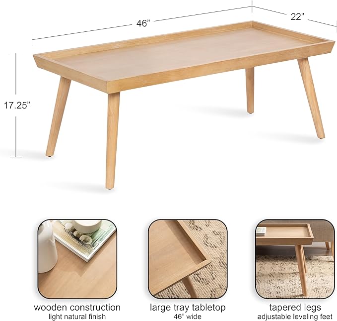 Kate and Laurel Eastmont Rectangle Wood Coffee Table; 46 x 22 x 17; Light Natural; Large Mid-Century Wooden Living Room Table with Stylish Tapered Legs and Adjustable Feet