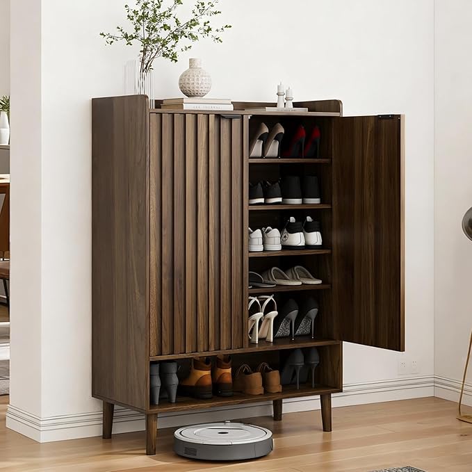 Smuxee Walnut Shoe Cabinet with Fluted Doors, 6-Tier Shoe Storage Cabinet with Adjustable Shelves, Freestanding Shoe Organizer Cabinet for Entryway, Hallway, Closet, Living Room