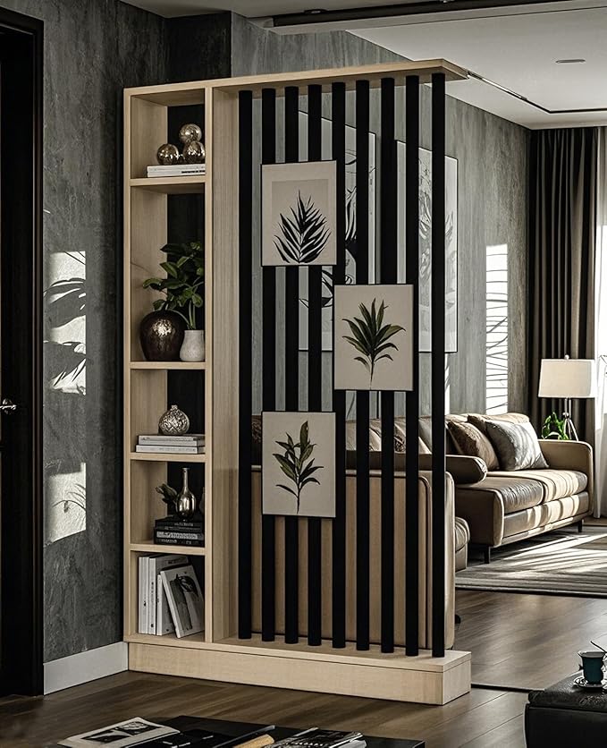 Wall Room Divider, Storage Cabinet Storage Display with Shelves, Modern Freestanding Wood Room Divider Screen, Wall Privacy Screens for Home Decorative (Beige+Black,47" L x 9.5" W x 79.5" H)