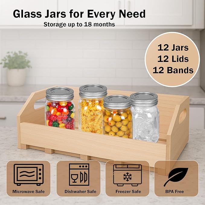 Ball Regular Mouth Mason Jars 16 oz. (12 Pack) - Pint Size Jars with Airtight Lids and Bands for Canning, Fermenting, Pickling, Meal Prep or DIY Decors and Projects Bundled with Peaknip Jar Opener
