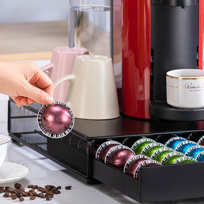 FlagShip for Nespresso Pod Storage Vertuo Pod Holder Coffee Pod Organizer Morden Design And Coffee Machine Stand Black Metal(50 Pods Capacity)