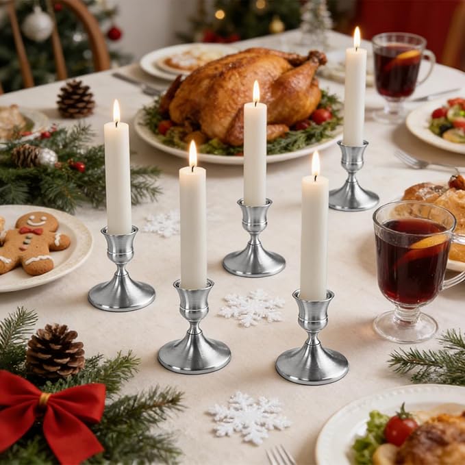 Vintage Silver Taper Candle Holders Set of 2, Metal Candlestick Holders Elegant Handcrafted Décor for Weddings, Dining & Meditation,Table Centerpiece, Party, Christmas Decoration or Home Decor