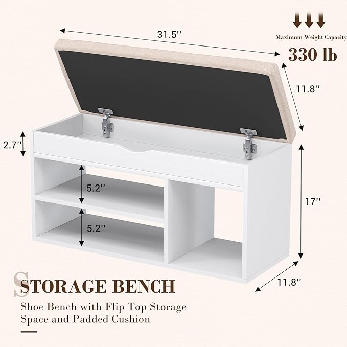 Apicizon 31 Inches Storage Bench with Padded Cushion, Shoe Bench with Storage Space, Upholstered Entryway Bench for Living Room, 2-Tier Shoe Rack Organizer, White