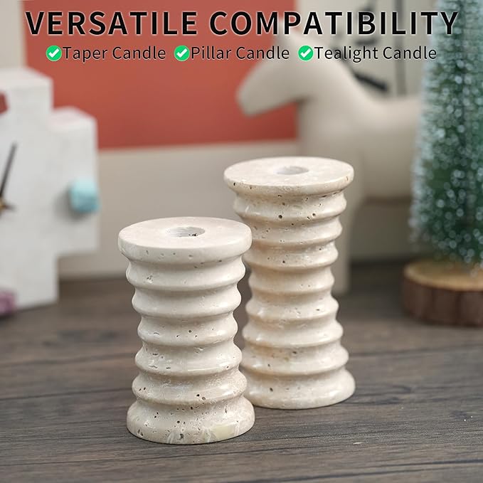 Travertine Marble Candlestick Holders - Set of 2 Stone Candle Sticks Holder Decor, Decorative Modern Candle Stands Multi-Purpose for Taper/Pillar/Tealight/Scented Candles