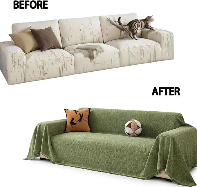 Chenille Couch Cover for Sofa Non Slip Cover Washable Pet Scratch Couch Covers Tassel Sofa Slipcover for 3 Cushion Couch Furniture Protector Blanket for Living Room,Green 71"x134"