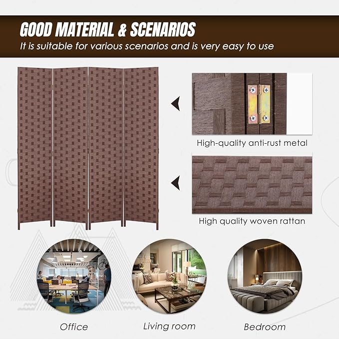 PayLessHere Room Divider 6FT Wood Mesh Hand-Woven Room Divider, 4-Panel Indoor Folding Portable Partition Screen,Brown