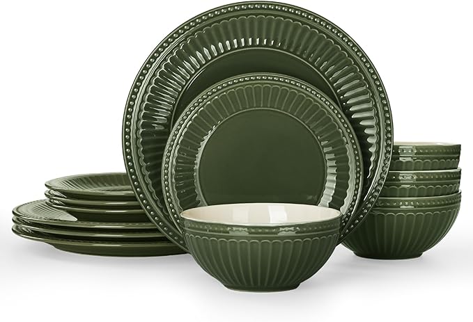 Famiware Garden 12-Piece Embossed Plates and Bowls Sets, Stoneware Reactive Glaze Dishes Dinnerware Set, Modern Rustic, Chip & Scratch Resistant, Microwave & Dishwasher Safe, Service for 4, Dark Green