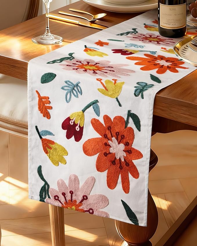 Canvas Embroidered Table Runner - 13"x 108" Coffee Table Runner for Living Room Tablerunner for Dining Room Washable Colorful Kitchen Island Counter Decor Housewarming Gift, Colorful Flower