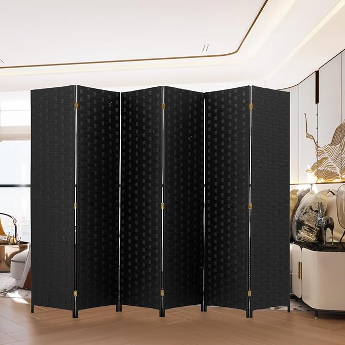 PayLessHere Room Divider 6FT Wood Mesh Hand-Woven Room Divider, 6-Panel Indoor Folding Portable Partition Screen,Black