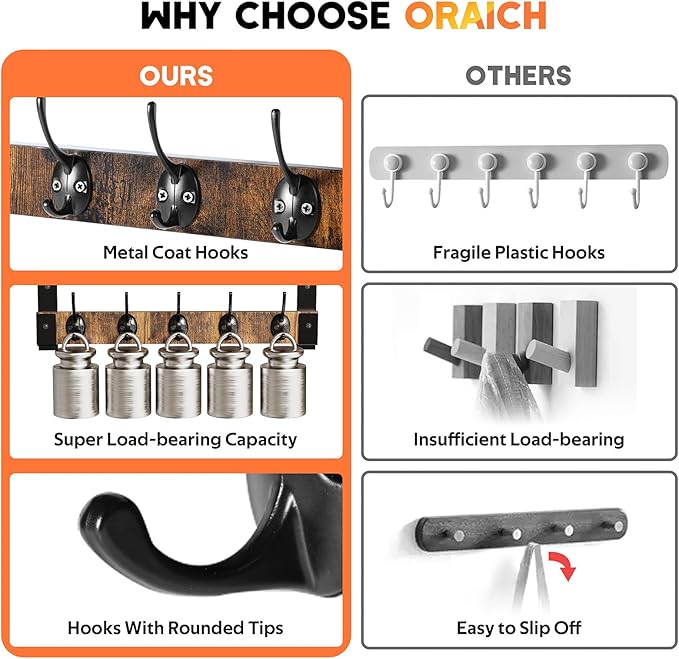 Oraich Wall Hooks with Shelf, Coat Rack Wall Mount for Coat Backpack Key Clothes Hanger, Wall Floating Shelf Hanging in Entryway, Living Room, Bathroom, Bedroom, Kitchen