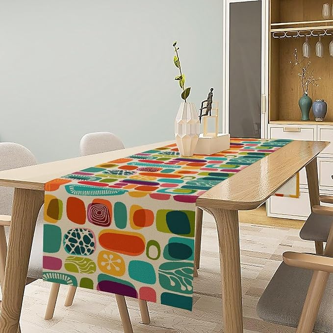 Mid Century Geometry Table Runner Colorful Rectangle Bohemia Abstract Geometry Pattern for Home Kitchen Table Decor Dining Coffee Room Party Decor 13x120in