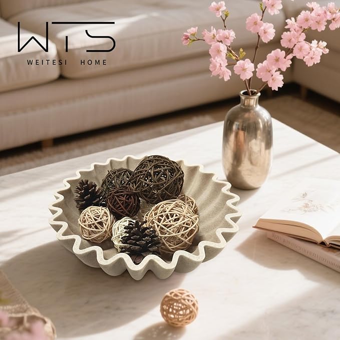Decorative Fruit Bowl for Kitchen Counter, Large Decorative Bowl Modern Handicraft Bowl for Home Decor, Stylish Key Bowl for Entry Table, Coffee Table Decor, Home Decor Accent, Artificial Stone Beige