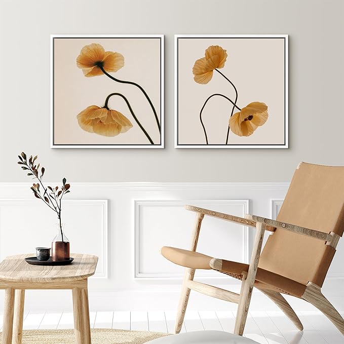 SIGNFORD Framed Canvas Print Wall Art Set Minimal Floral Poppy Soft Beige Botanical Modern Art Relax/Calm for Living Room, Bedroom, Office - 24"x24"x2 WHITE