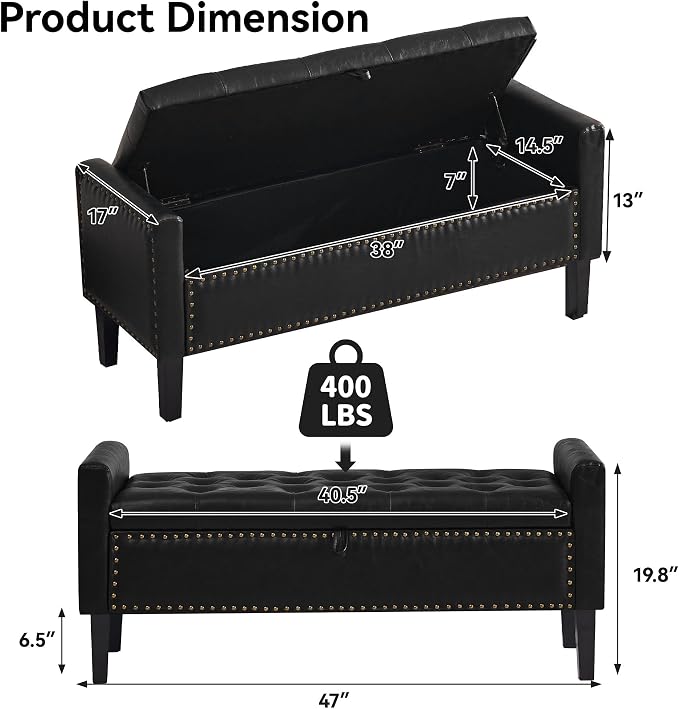 WUTUTUEE 47" Modern Water-Resistant Faux Leather Storage Ottoman Bench with Wooden Legs, Upholstered End of Bed Bench for Bedroom, Living Room or Entryway, Black