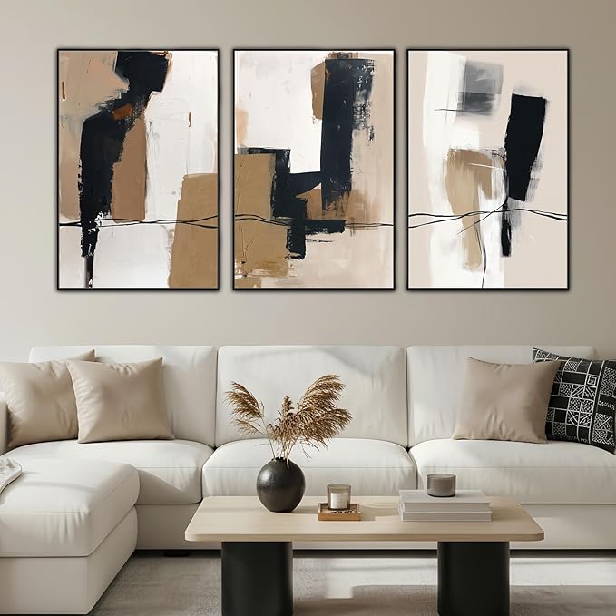 SAFERRYHOME Neutral Abstract Black and Tan Brown Wall Art Framed Canvas Prints, Mid-Century Minimalist Modern Decor Large Artwork for Living Room, Home Office, Dining Room - 3 Panels 24x36 Inch