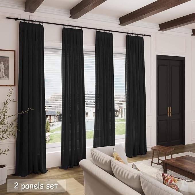 Nanspring Black 102 Inch Linen Curtains for Living Room Back Tab Rod Pocket Privacy Semi Sheer Light Filtering Curtains Simple Modern Soft Material Panel Drapes for Bedroom,2 Panels, 60x102